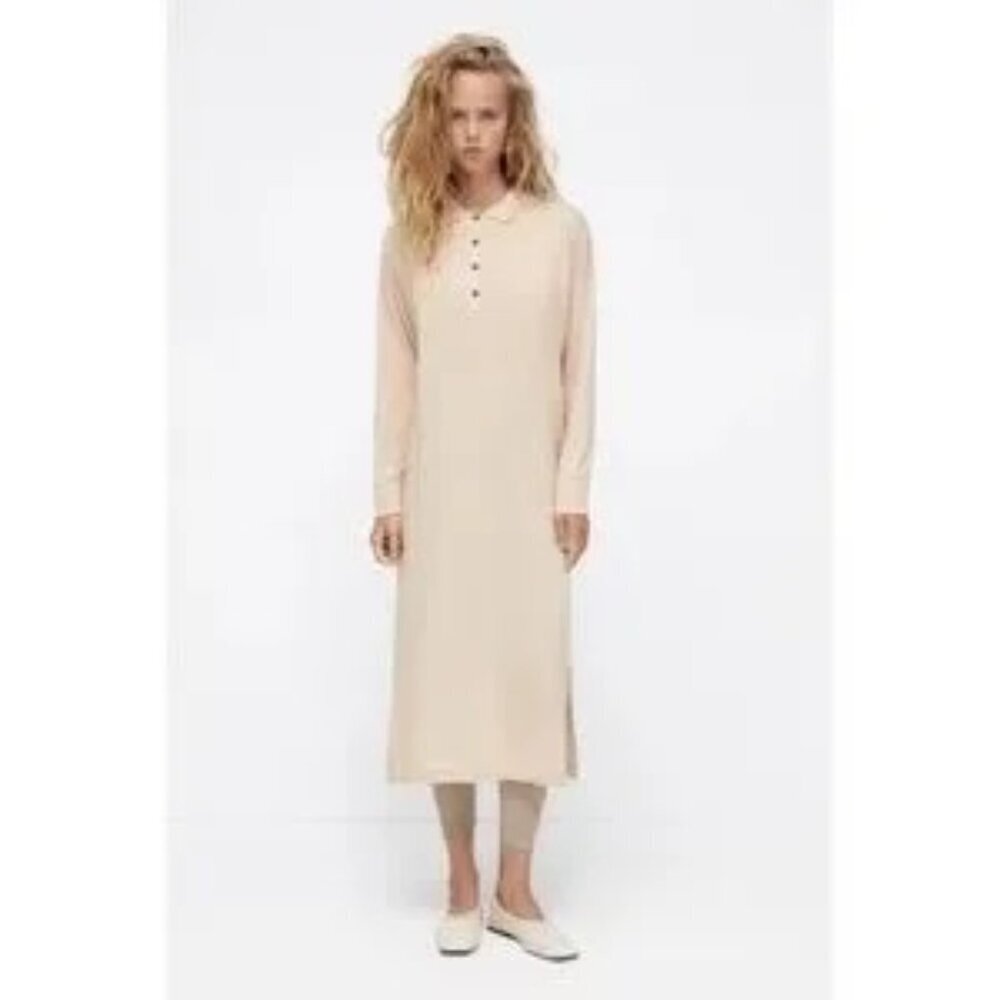 Zara Cream Long Sleeve Polo Dress Size Large